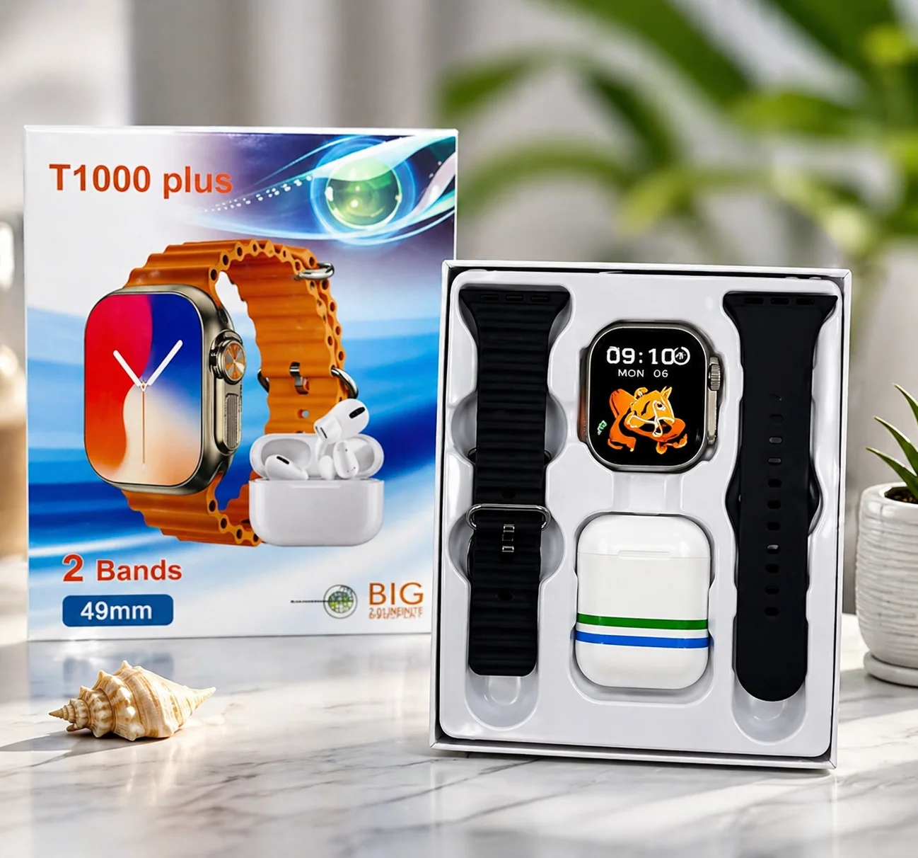 علبة العرض الكاملة لساعة T1000 Plus مع سماعات بلوتوث وسوارين هدية