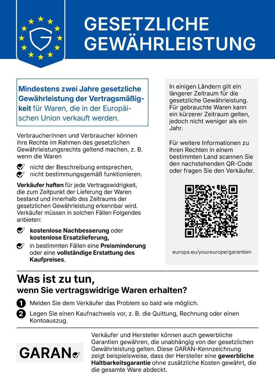 EU-Label Gesetzliche Gewährleistung: mindestens zwei Jahre Gewährleistung für in der EU verkaufte Waren