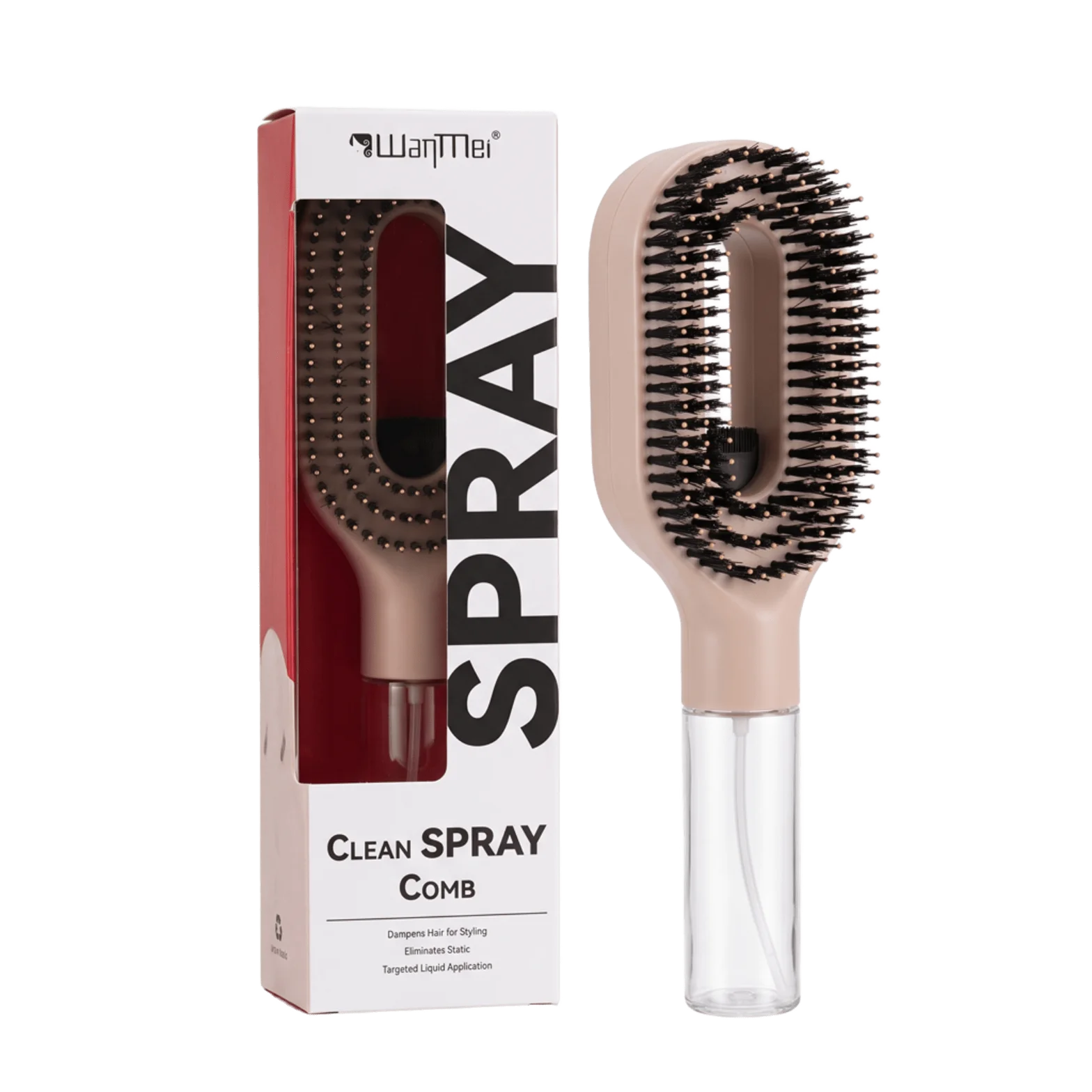 Clean Spray Comb with its clear water reservoir and black bristles, boxed set on a soft beige background